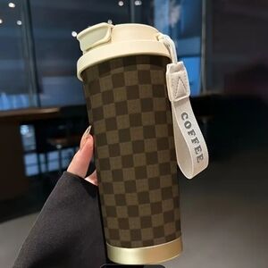 Checkered Brown and Cream Travel Stainless Steel18oz With Straw & Hand Strap